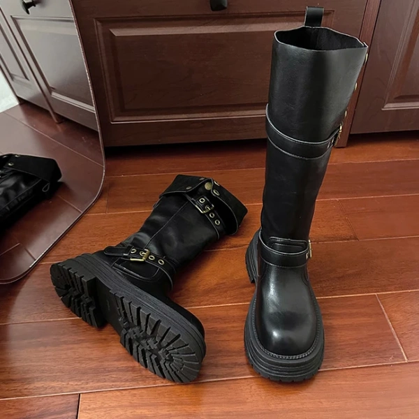 2024Autumn Winter New Fashionable Fold Two Dressed Long Canister Boot Coarse Following Round Toe Thick Bottom Not Knee Long Boot - Image 3