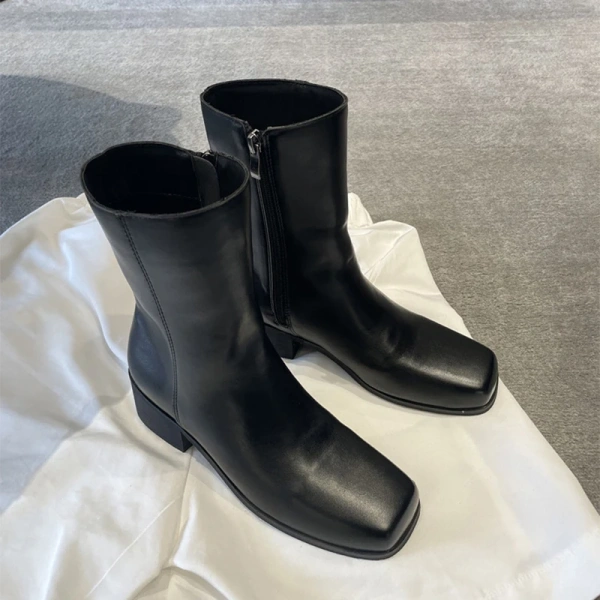 2025 Fall and Winter New Fashion Unique square Head Thick Heel Side Zipper Chelsea Boot Genuine Leather Thick Bottom Short Boot - Image 5