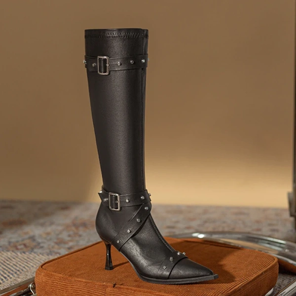 2025 New Fashionable Personalized Rivet Rivet Belt Buckle Stiletto High Heels Long Boot Soft Comfortable Cowboy Boot High Boot - Image 6