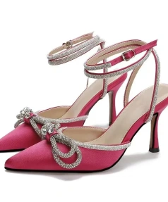 2025 Hot Sale Party Heels for Women High Quality Pu Bridal Pumps With Rhinestone Bow and Breathable Wedding Shoes