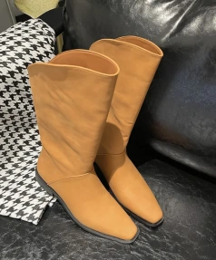 2025 Fashion Retro High Advanced Feeling Middle Tube Knight Boot Genuine  Leather Fangtou Chunky Heel Western Cowboy Boot