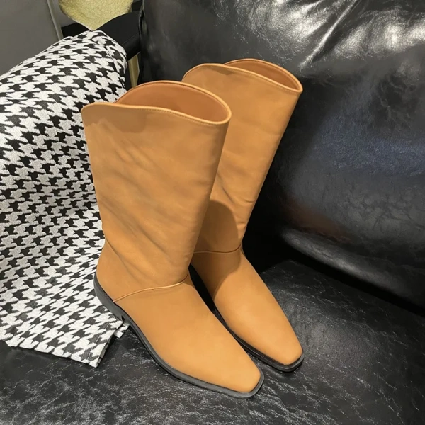 2025 Fashion Retro High Advanced Feeling Middle Tube Knight Boot Genuine  Leather Fangtou Chunky Heel Western Cowboy Boot