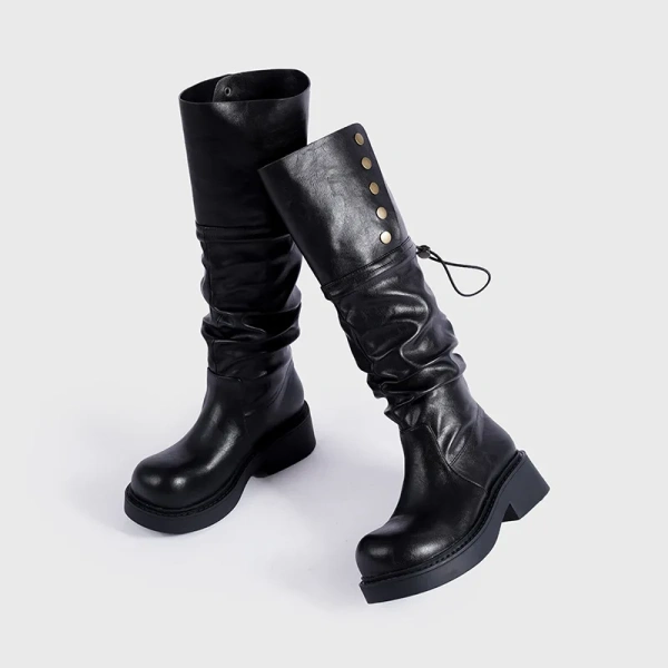 2024Autumn Winter New Fashionable Fold Two Dressed Long Canister Boot Coarse Following Round Toe Thick Bottom Not Knee Long Boot - Image 2
