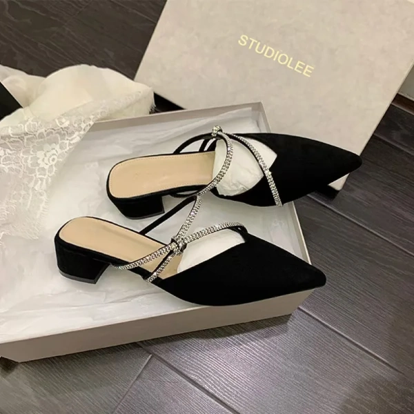 Grape Mother with the New French Elegant Pointed Sandals Rhinestone Thick Heel High Heel Half Sandals and slippers Women. - Image 5