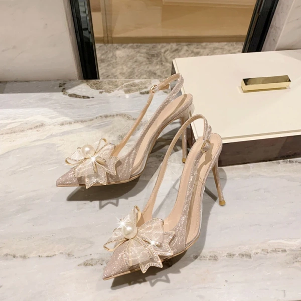 New European and American Pointed Shallow Mouth Pearl butterfly Wedding Shoes, New Bridal Shoes with Toe Caps, Women's Sandals - Image 5