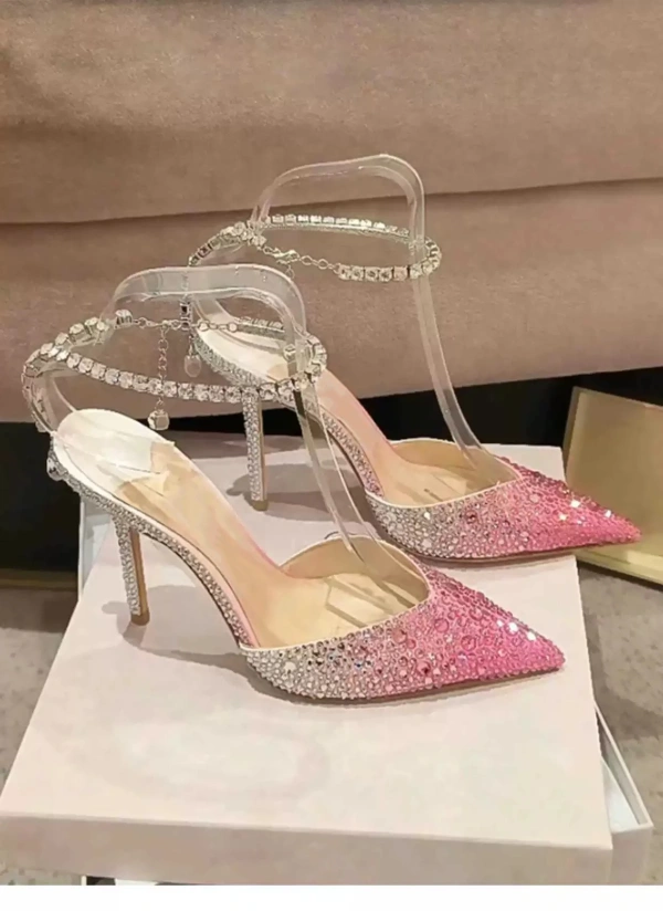 2025 Luxury Quality Women's Gradient Design High Heels Chain Top Sandals Fashionable Full Crystal Diamond Sexy Pointed Shoes - Image 4