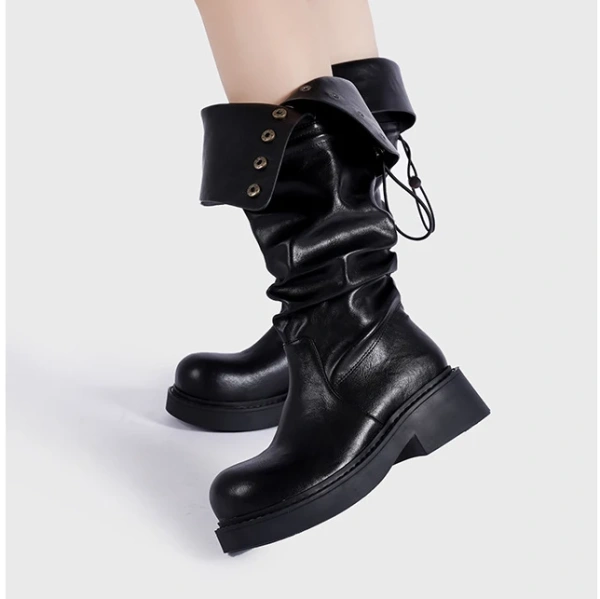 2024Autumn Winter New Fashionable Fold Two Dressed Long Canister Boot Coarse Following Round Toe Thick Bottom Not Knee Long Boot - Image 6