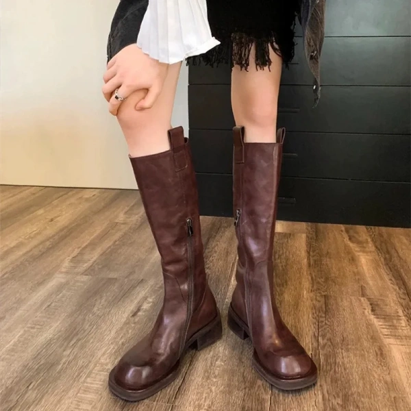 2025 Winter New Fashion Retro Commute Thick Heel Long Canister Long Boots Round Head Leather High Barrel Chelsea Long Boots - Image 3