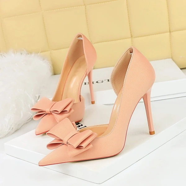 Europe United States Women's Summer Professional High Heels Sweet Bow Pointed Side Hollow Sexy Club Fashion Show Back Position