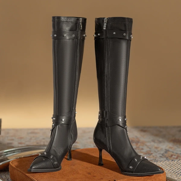 2025 New Fashionable Personalized Rivet Rivet Belt Buckle Stiletto High Heels Long Boot Soft Comfortable Cowboy Boot High Boot - Image 5