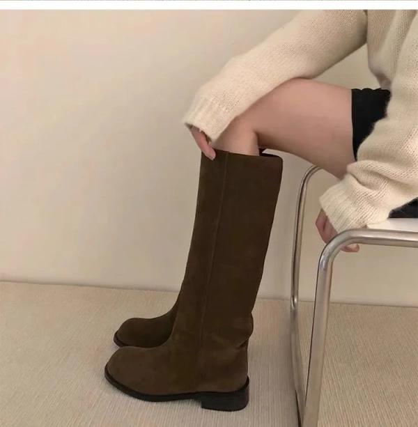 2025 Retro Fashion Waterproof Soft Comfortable Genuine Leather High Tube Boots Wide Canister Knight Boot Thick Heel Bottom Back - Image 4