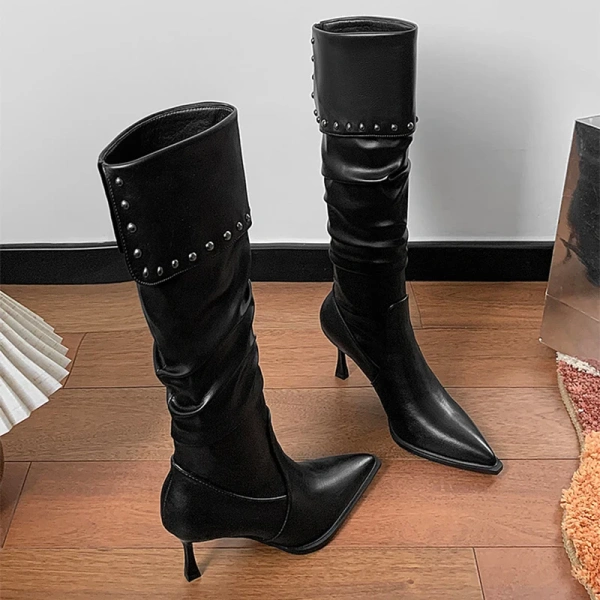2025 New Fashions Personality Rivets High-heeled Knight Boot Soft Comfortable Women's Boot Pointed Fine High-heeled Long Boot - Image 6
