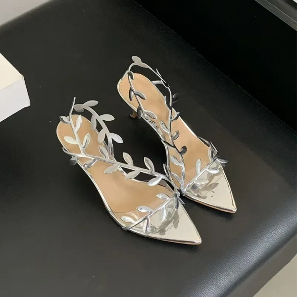 New Fashionable Elegant Temperament Gold High Heels Metal Patent Leather Leaf Thin Heels Pointed Toe Sandals with Exposed Toes - Image 6