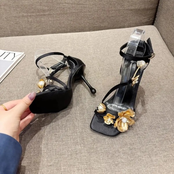 Best Selling Luxury Party Women's Rhinestone Metal Orchid Buckle Exposed Toe Buckle Strap square Toe Socialite Style High Heels - Image 2