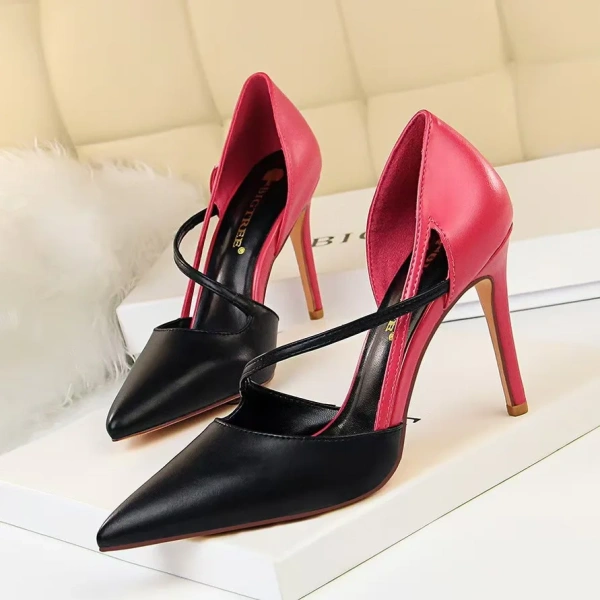 Fashion High-heeled Shoes Women's Shallow-mouth Pointed Color Matching Hollow One Word with Single Shoes. - Image 3