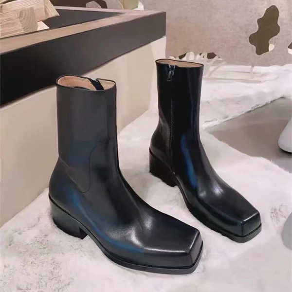 2025 Fall and Winter New Fashion Unique square Head Thick Heel Side Zipper Chelsea Boot Genuine Leather Thick Bottom Short Boot
