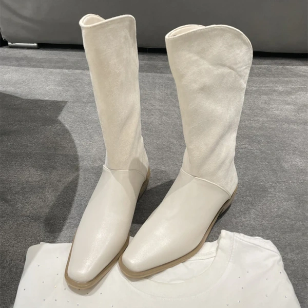 2025 Fashion Retro High Advanced Feeling Middle Tube Knight Boot Genuine  Leather Fangtou Chunky Heel Western Cowboy Boot - Image 4