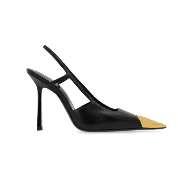 High-heeled Sandal with Pointed Metal Feeling, with Thin Heels at the Back of the Head.
