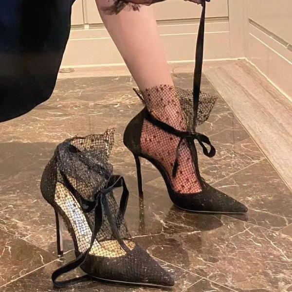 Fashion Sexy Breathable Lace Mesh Gauze High Heels Pointed Shallow Mouth Strap Straps Heels Sandals Baotou Bow Women's Shoes - Image 3