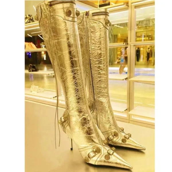 2025  Pointed Thin Heel Supers High Heel Side Zipper Rivet High Canister Boot Tassel Belt Buckle Not Knee High Motorcycle Boot - Image 3