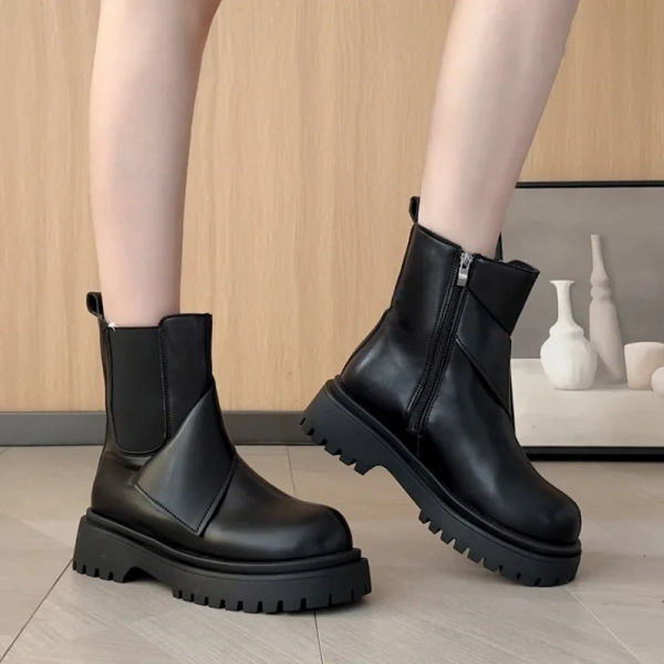 2025 New Fashionable Retro Round Head Thick Bottom Thick Heel Chelsea Short Boot Side Zipper Middle Heel Motorcycle Boot