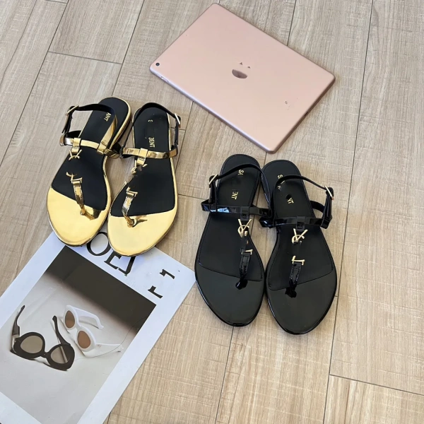 New Summer Metal Toe Flat Buckle Sandals Female YS Fashion Buckle Round T-shaped Sandals. - Image 3