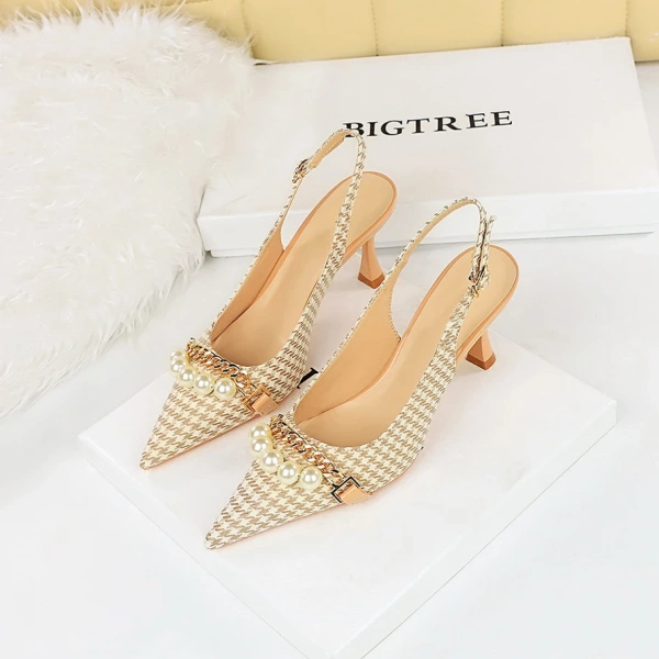 New Elegant Sexy Super High Heel Pointed Toe Shallow Mouth Banquet Fashion Sexy Fashion Pearls Metal Chain Casual Work Shoes - Image 6