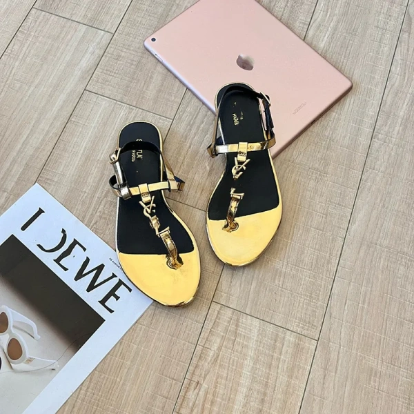 New Summer Metal Toe Flat Buckle Sandals Female YS Fashion Buckle Round T-shaped Sandals. - Image 4