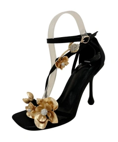 Best Selling Luxury Party Women's Rhinestone Metal Orchid Buckle Exposed Toe Buckle Strap square Toe Socialite Style High Heels