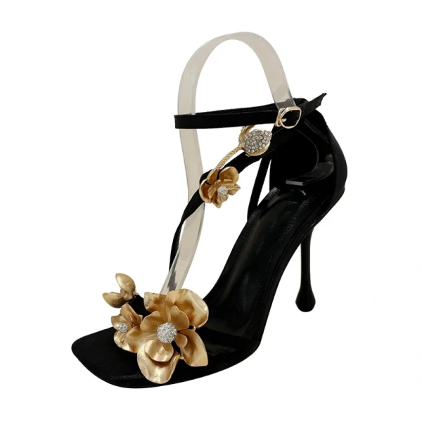 Best Selling Luxury Party Women's Rhinestone Metal Orchid Buckle Exposed Toe Buckle Strap square Toe Socialite Style High Heels