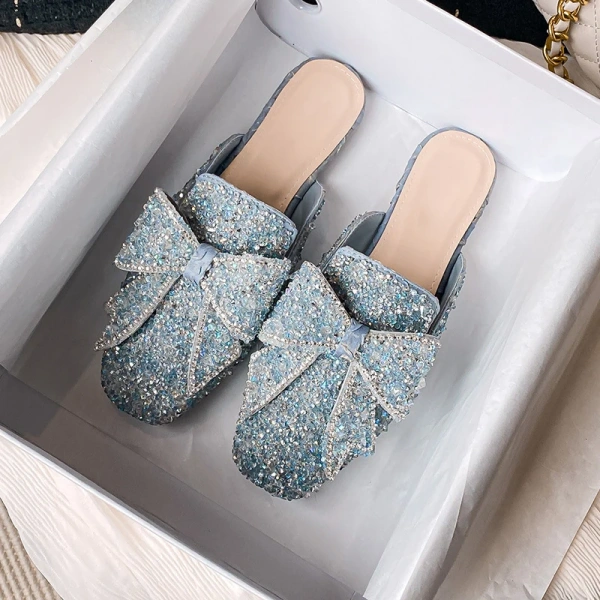 2025 Fashionable, Sweet and Elegant Bow Baotou Half Slippers, Sexy and Luxurious Pearl Water Diamond Flat Beach Sandals