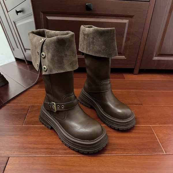 2024Autumn Winter New Fashionable Fold Two Dressed Long Canister Boot Coarse Following Round Toe Thick Bottom Not Knee Long Boot - Image 6