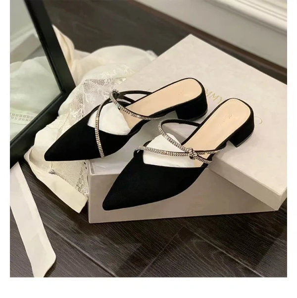 Grape Mother with the New French Elegant Pointed Sandals Rhinestone Thick Heel High Heel Half Sandals and slippers Women. - Image 3