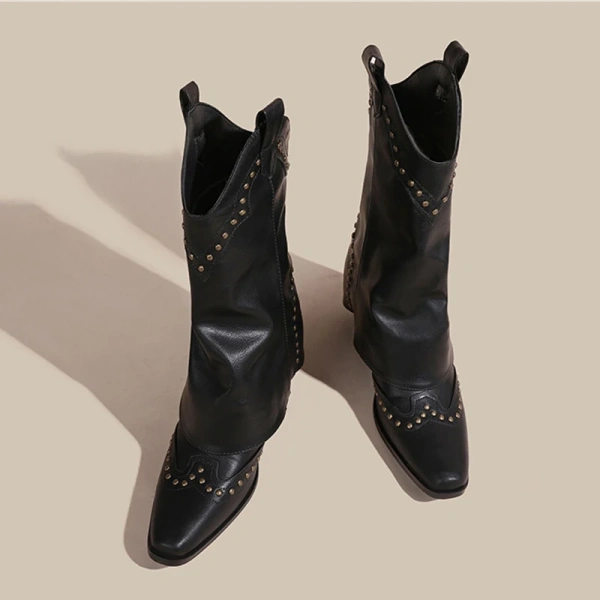 2025 Fall and Winter New Retro Western Cowboy Boot Pointy Head Thick Heel Thick Bottom Short Boot Women's Casual Knight Boot - Image 2