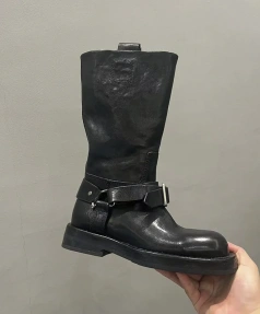 2025 New Genuine Leather Thick Soled Middle Tube Boot Simple and Sweet Retro Round Toe Thick Heel Belt Buckle Knight Boot