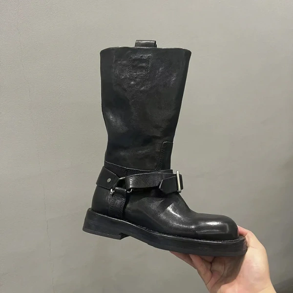 2025 New Genuine Leather Thick Soled Middle Tube Boot Simple and Sweet Retro Round Toe Thick Heel Belt Buckle Knight Boot