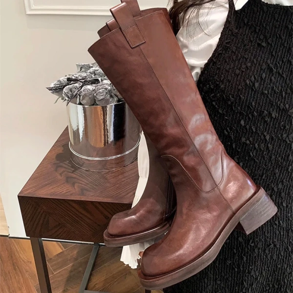 2025 Winter New Fashion Retro Commute Thick Heel Long Canister Long Boots Round Head Leather High Barrel Chelsea Long Boots - Image 2