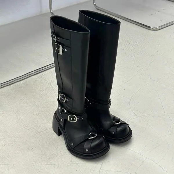 2025 New Fashionable Simple Round Head Genuine Leather Coarse Heel Long BootsRetro Low Key Sexy Party Club Commuter Tall Boot - Image 5