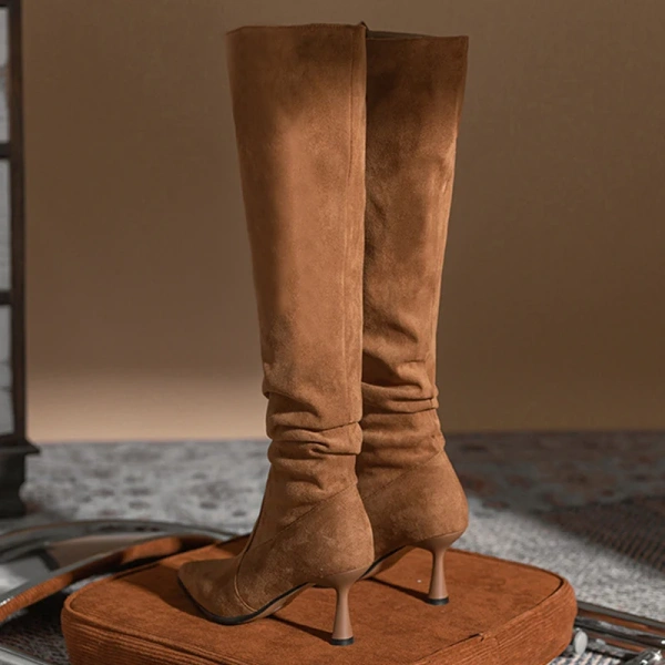 2025 Winter New Warm Add Velvet High Canister Boot Suede Fine High-heeled Long Canister Boot Fashion Simple Women's Long Boot - Image 3
