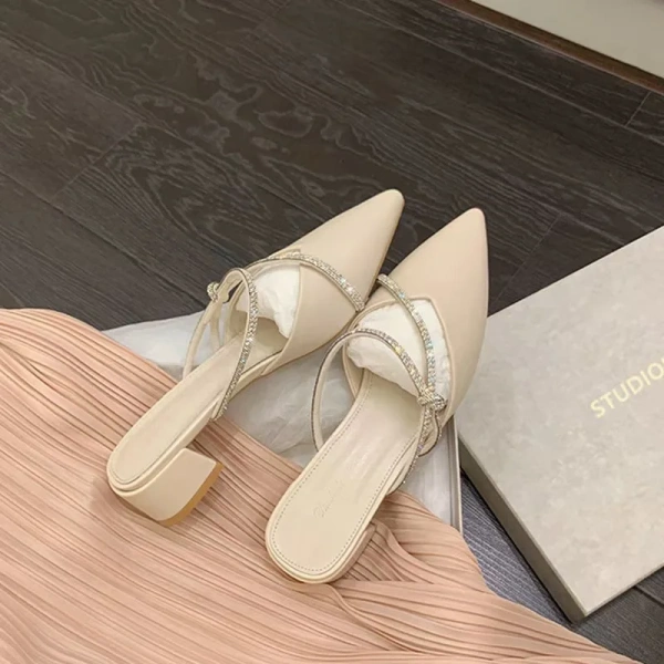 Grape Mother with the New French Elegant Pointed Sandals Rhinestone Thick Heel High Heel Half Sandals and slippers Women. - Image 2