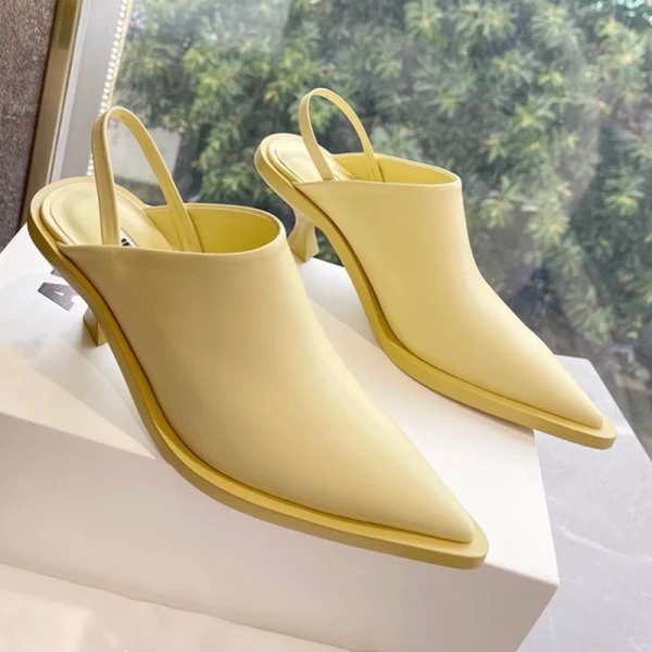 2025 French Pointed HeelClosed Toe Half SlippersCat Heel Flat LeatherBlack Fashion OutwearSandals - Image 5