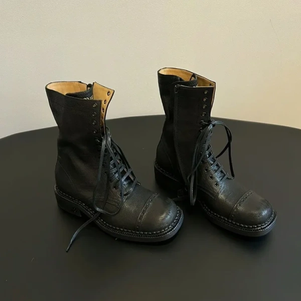 2025 Fashion Personality Retro Genuine Leather Women's Short Boot Comfortable Soft Warm Thick Heeled commuter Biker Boot - Image 3