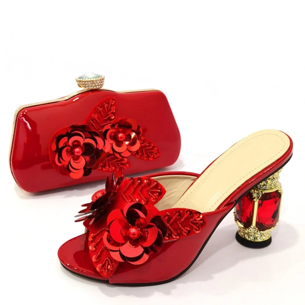 New European and American Summer Wedding Ball Party Shoe Bag Set Flower Style High Quality Bridal Dress Coarse Heels High Heels - Image 2