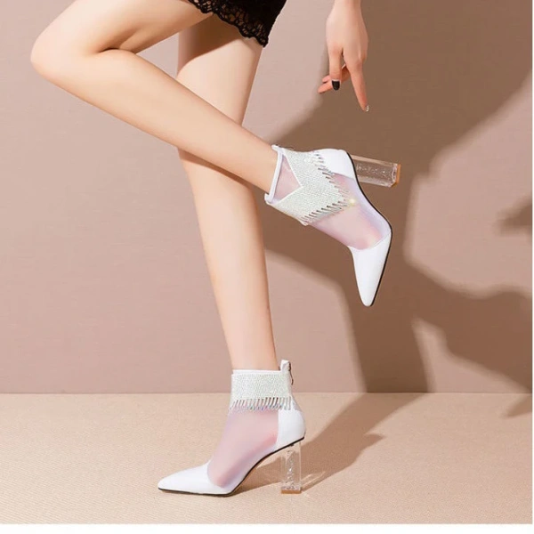 2025 European American Fashion Luxury Rhinestone Mesh Gauze Short Boot Thick Heels Pointed  Hollow Out High-heeled Sandals - Image 5