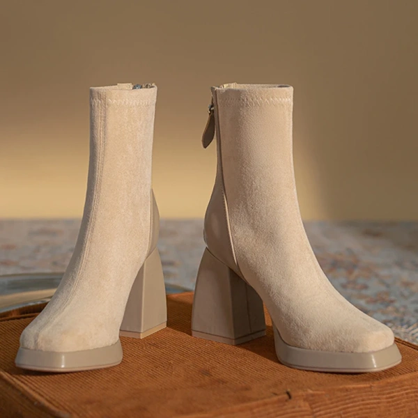 2025 New Fashion Sweet Sexy Thick Heel Fangtou Short Boot Soft Warm Add Velvet Knight Boot Back Zipper Elastic Force Boot - Image 4