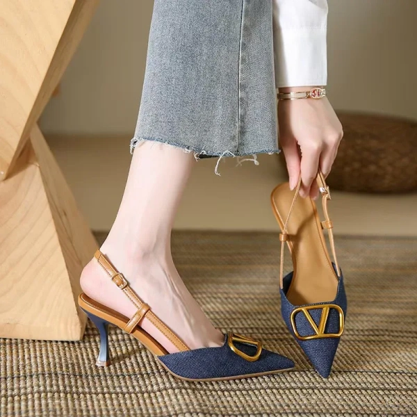 Elegant Open Toe Women's Leather High-Heeled Shoes with Steel Toe New French Style Summer Sandals Evergreen - Image 6