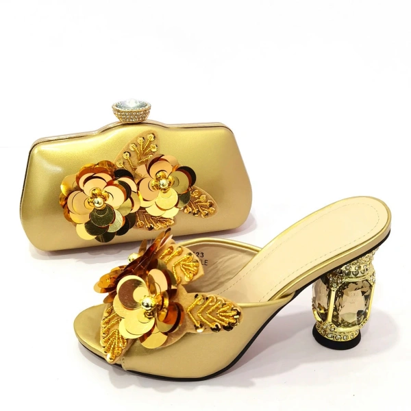 New European and American Summer Wedding Ball Party Shoe Bag Set Flower Style High Quality Bridal Dress Coarse Heels High Heels - Image 6