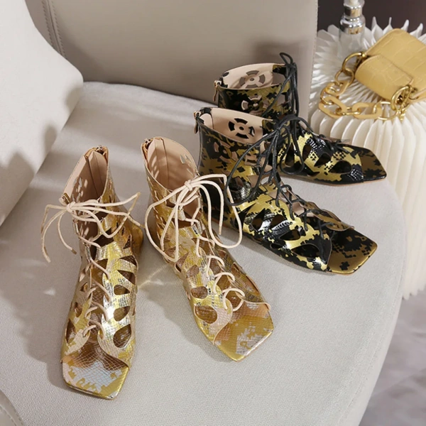Luxurious Women's Handmade Silver studded High Top Sexy Hollow Sandals Fit for Students and Ma'am Lace up Low Heel Cool Boots - Image 4