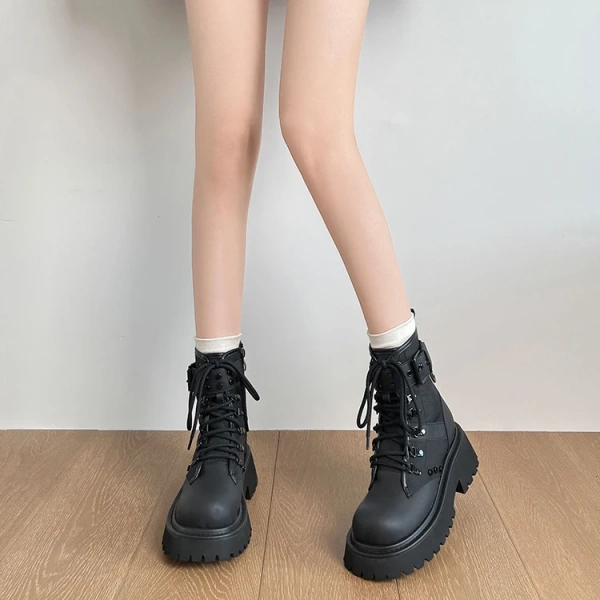 Autumn Winter New Fashionable Retro Round Toe Lace up Middle Heel Short Boot Belt Buckle Thick Heel Thick Bottom Motorcycle Boot - Image 4