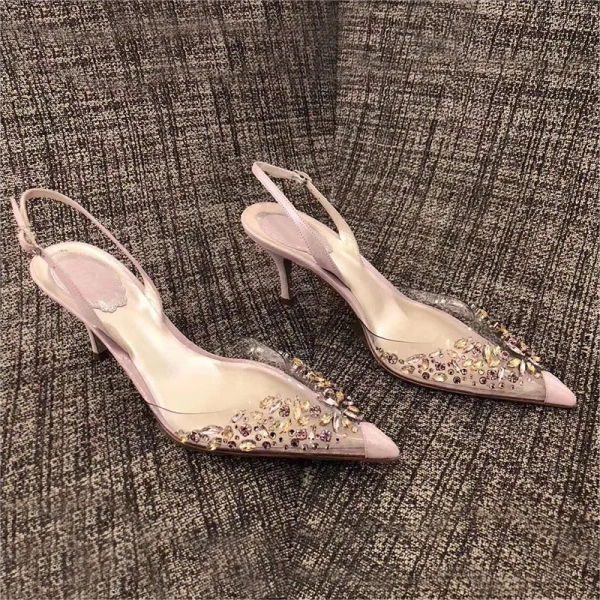 2025 Fashionable Transparent Rhinestones Pointed Shallow Mouth Slim Heeled Sandals Baotou Toe One Word Strap High-heeled Shoes - Image 5
